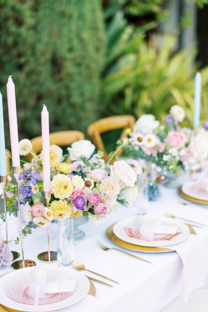colorful california bridal session table arrangements
