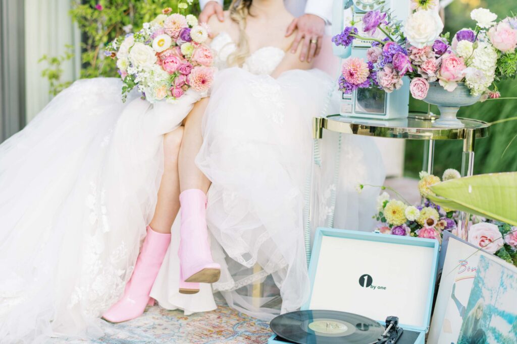 colorful california bridal session pastel pink block boot heels