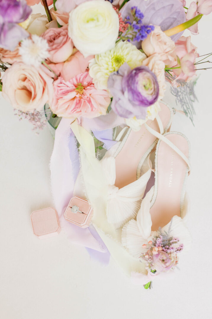 arlo austin wedding details with cream heels