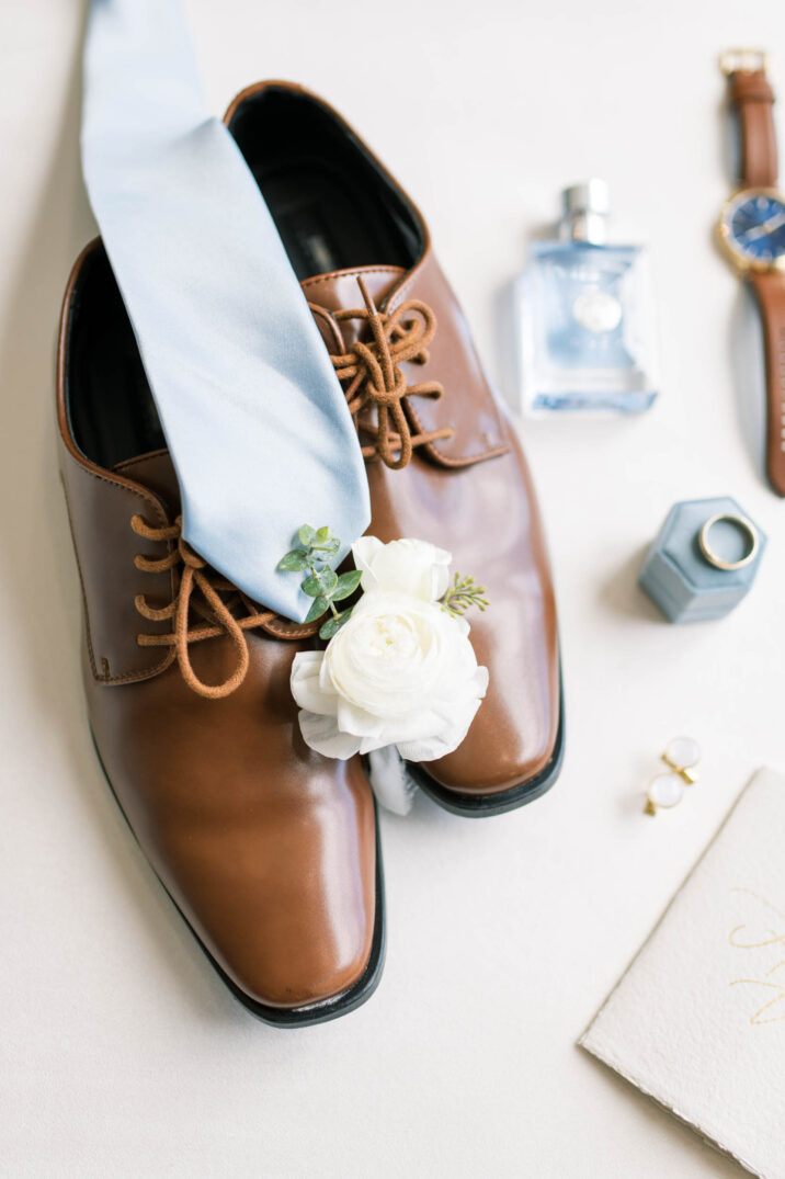 groom's details with light blue tie blue Houston modern wedding