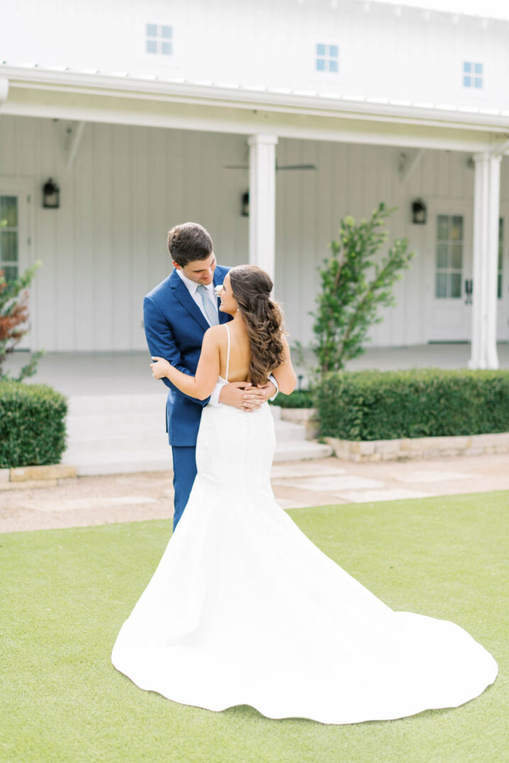 blue Houston modern wedding dress with full train and simple back
