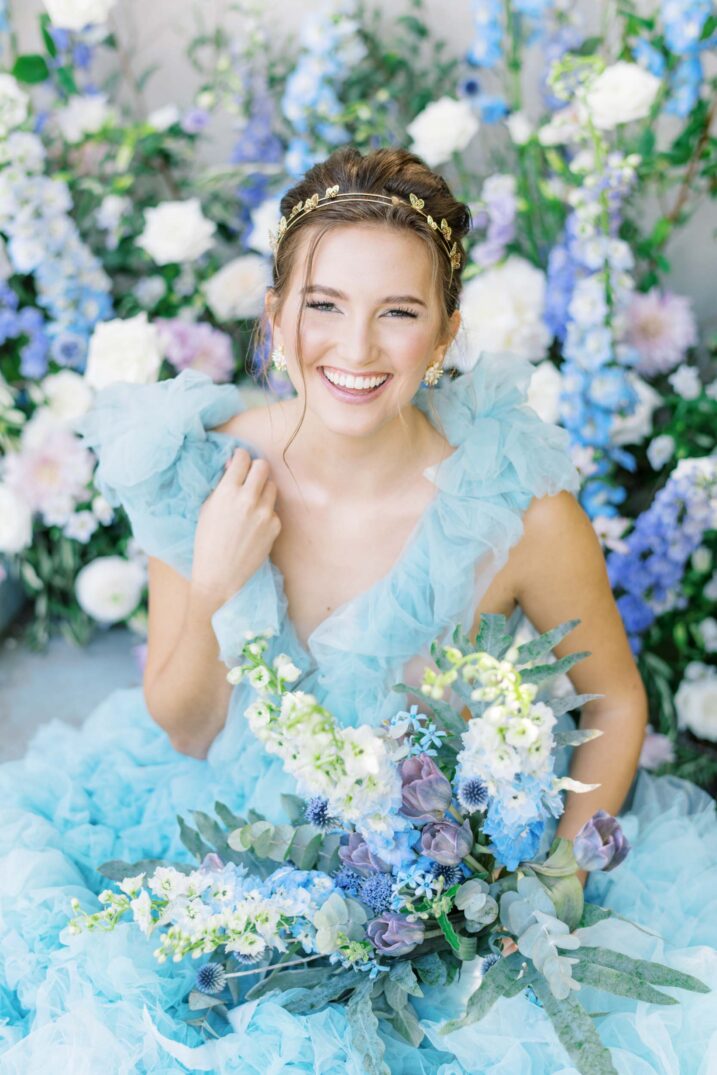 Charleston feminine pastel editorial featuring light blue dress and blue and purple florals