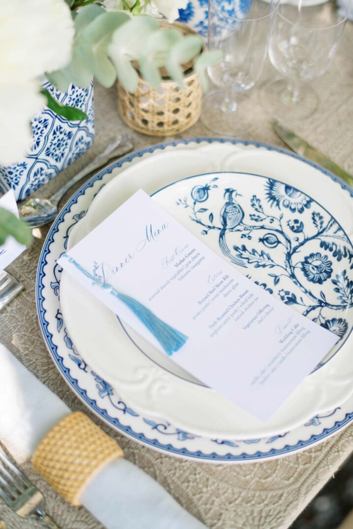 blue and white china table setting for a wedding in South Carolina