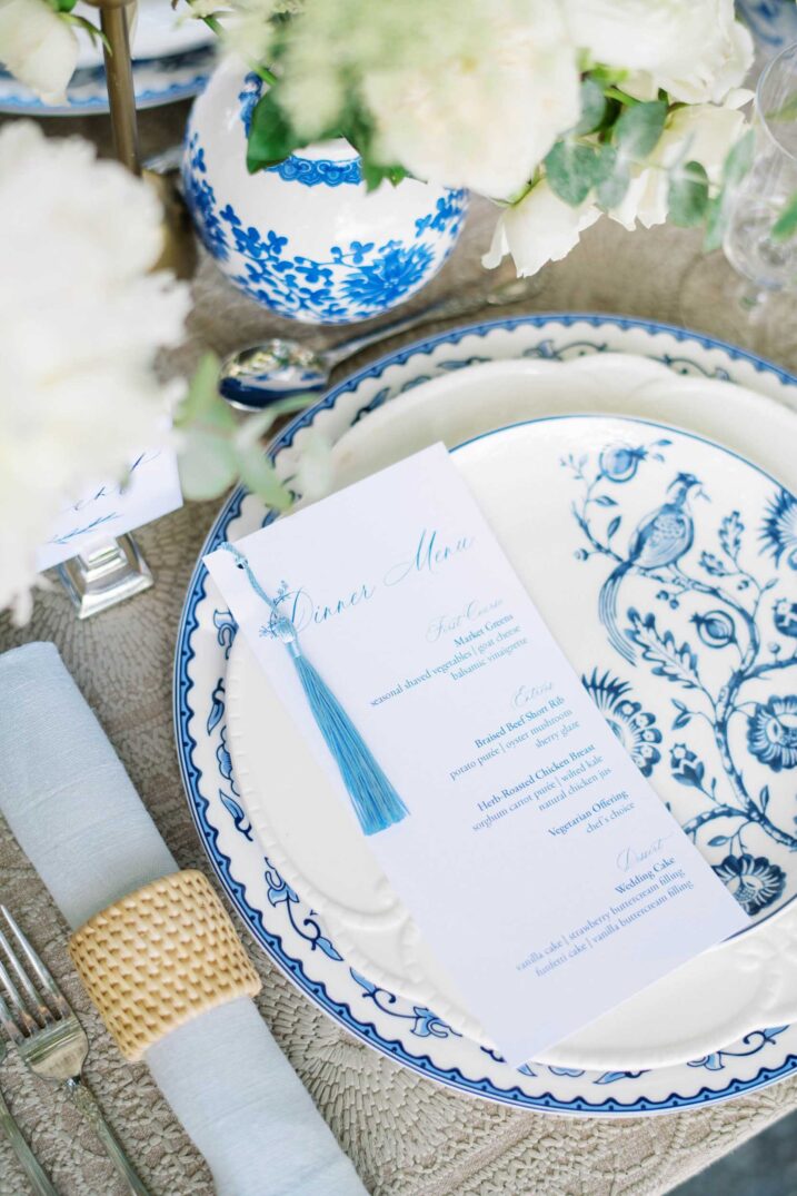 blue and white china table setting for a wedding in Charleston