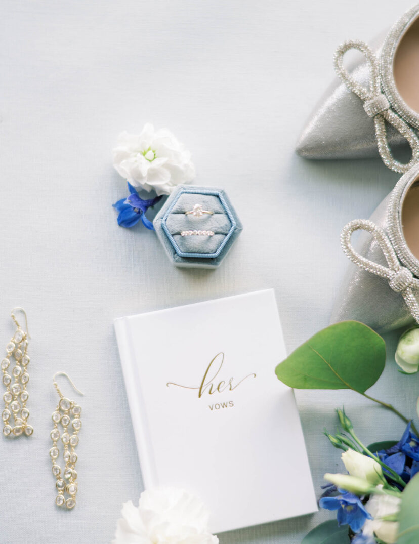 wedding bride details vows heels rings and diamond earrings