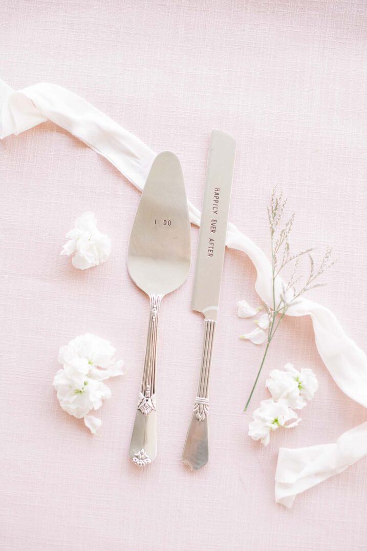 silver custom engraved cake cutting knives