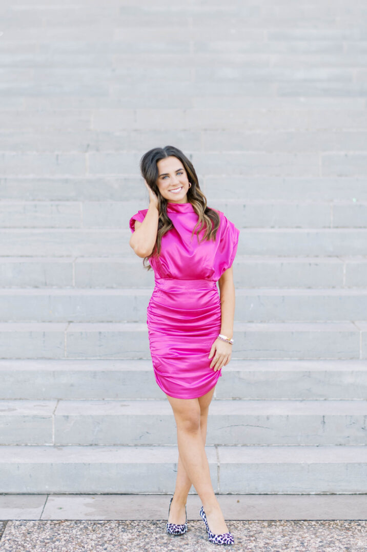 College Station senior portraits with fuchsia hot pink ruched dress