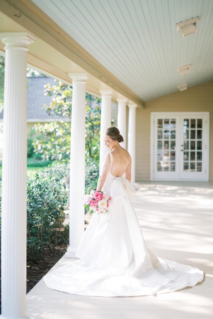 hill country bridal white columns elegant outdoor wedding dress portraits