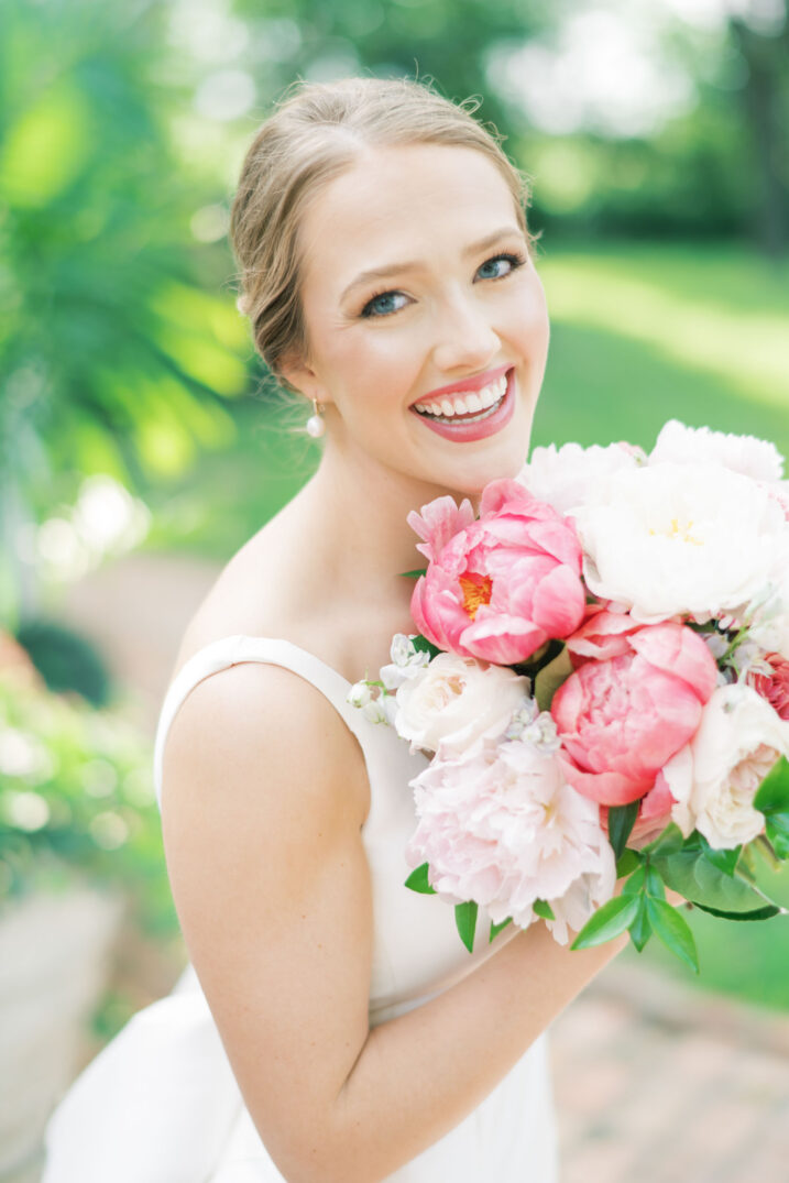 wedding bridal portrait close up with peony bouquet