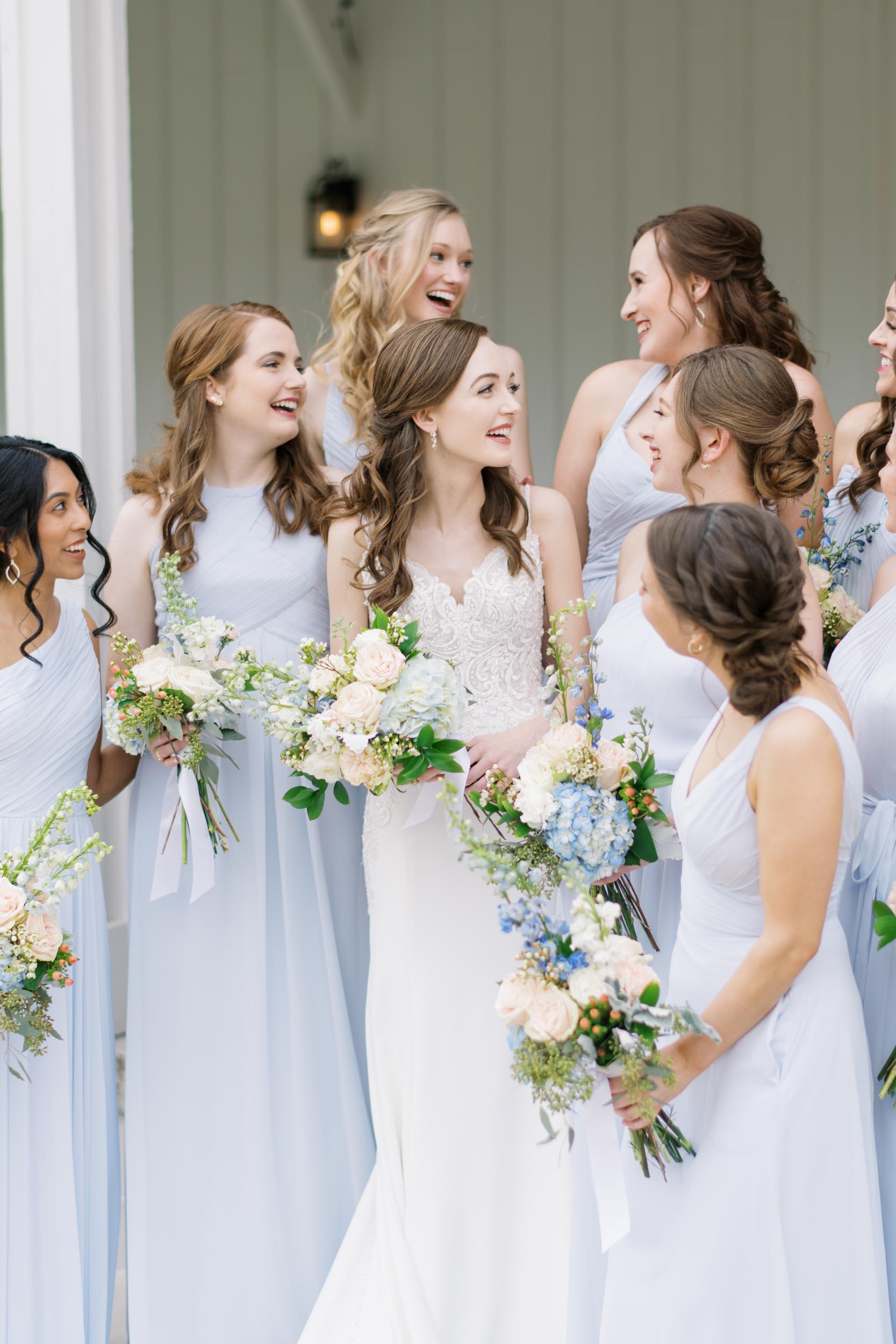 blue bridesmaid dresses at farmhouse wedding Houston
