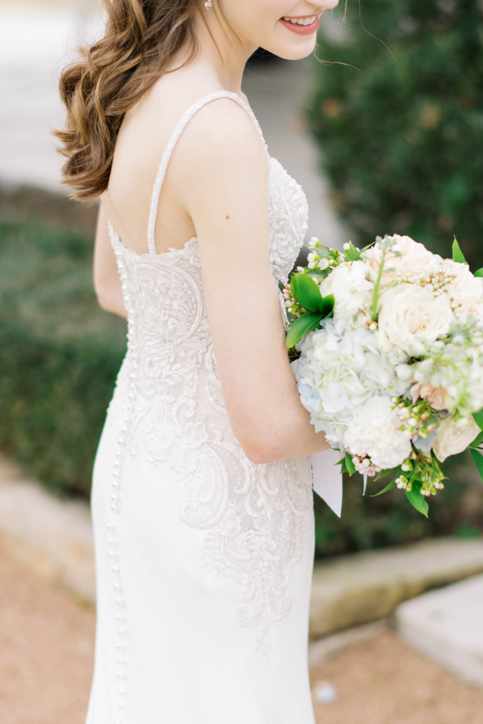 Houston wedding dress with intricate yet classic lace detail on the bodice and back 