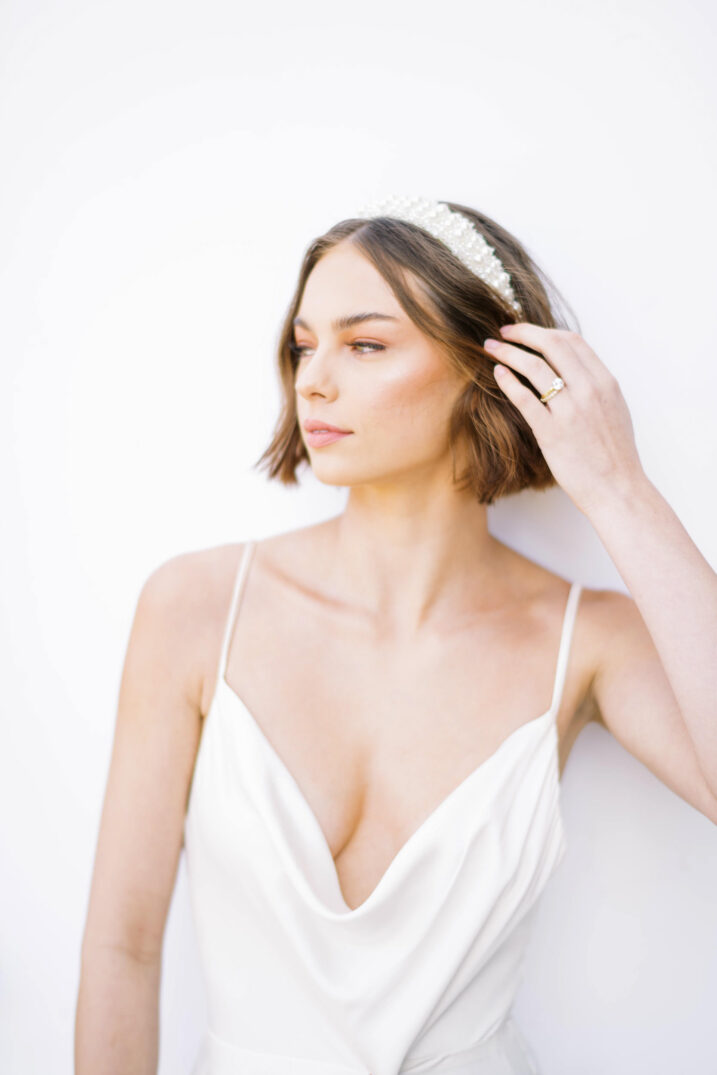 Brides of Houston Editorial featuring a cowl neck wedding gown from Brickhouse Bridal