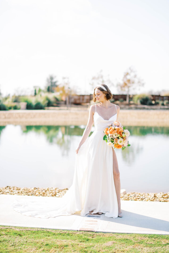 Brides of Houston Editorial with lake in the background