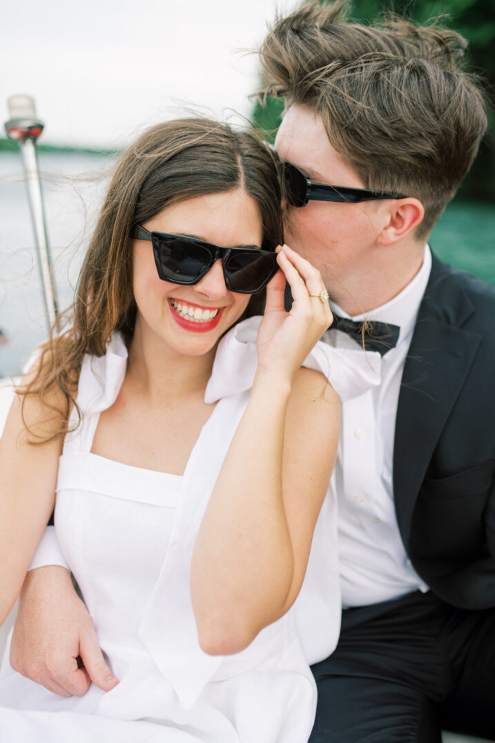 town lake engagement couple wearing funky vintage black sunglasses