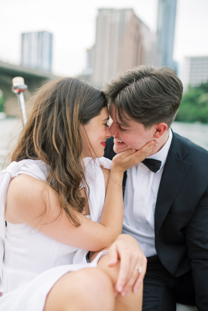 engagement portraits of formal attire couple in the city