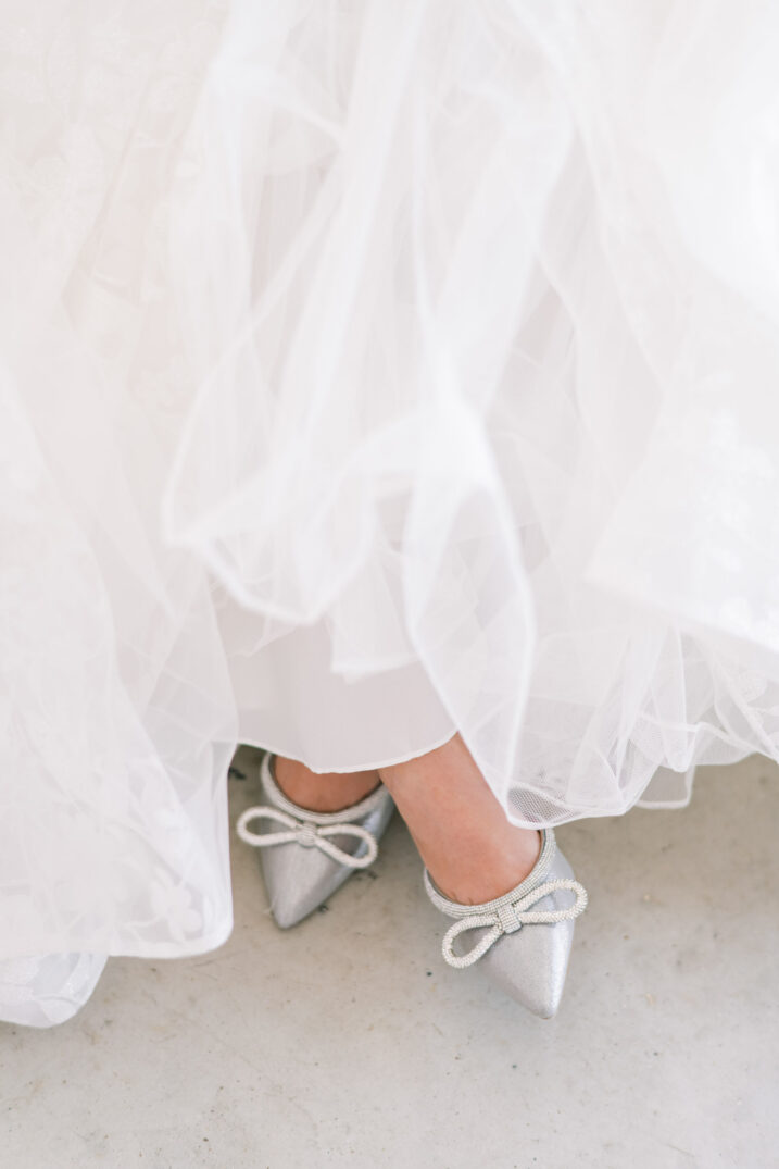 bridal silver heels with small bows