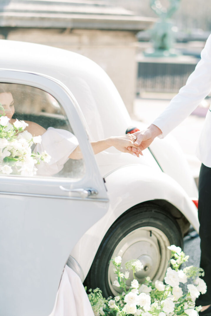 Parisian bride groom Eiffel white car 