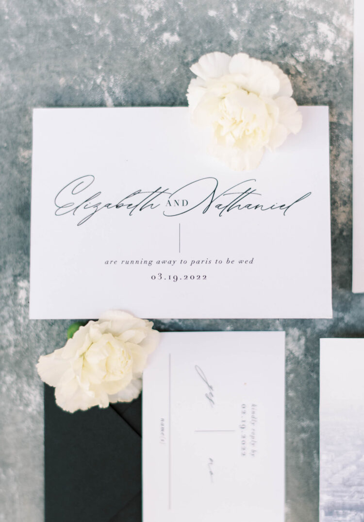 invitation suite with white flowers for a wedding in Paris, France