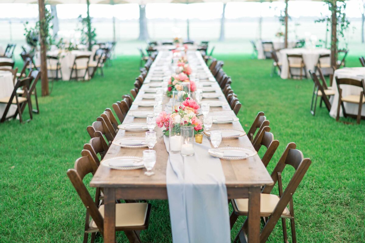 texas hill country luxury wedding long wooden head dinner table