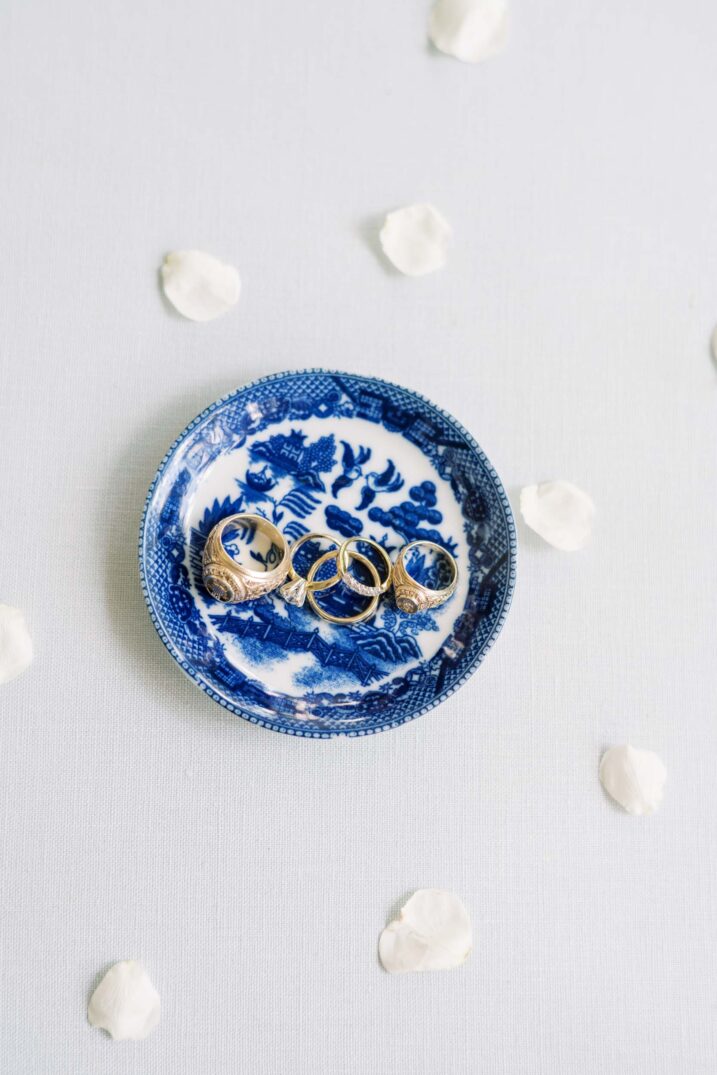 blue and white ring dish for wedding rings 
