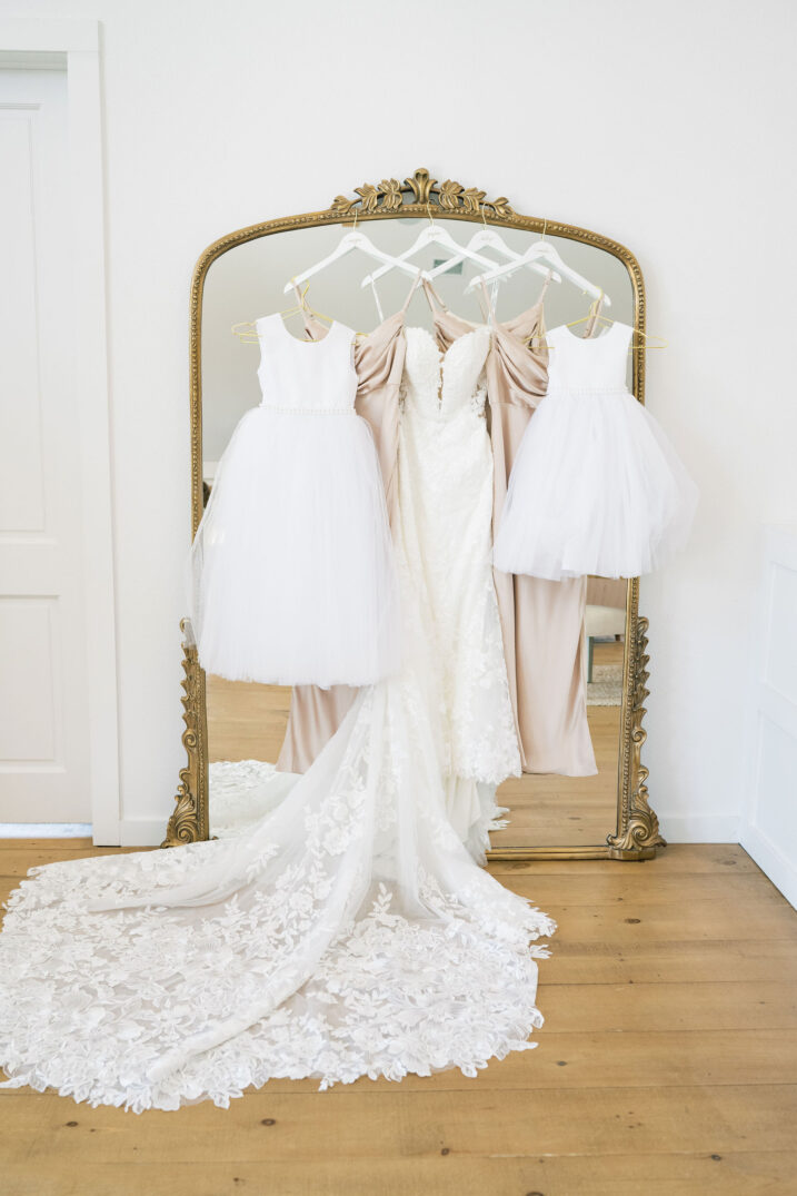 arrowhead hill wedding dresses hanging up in the bridal suite
