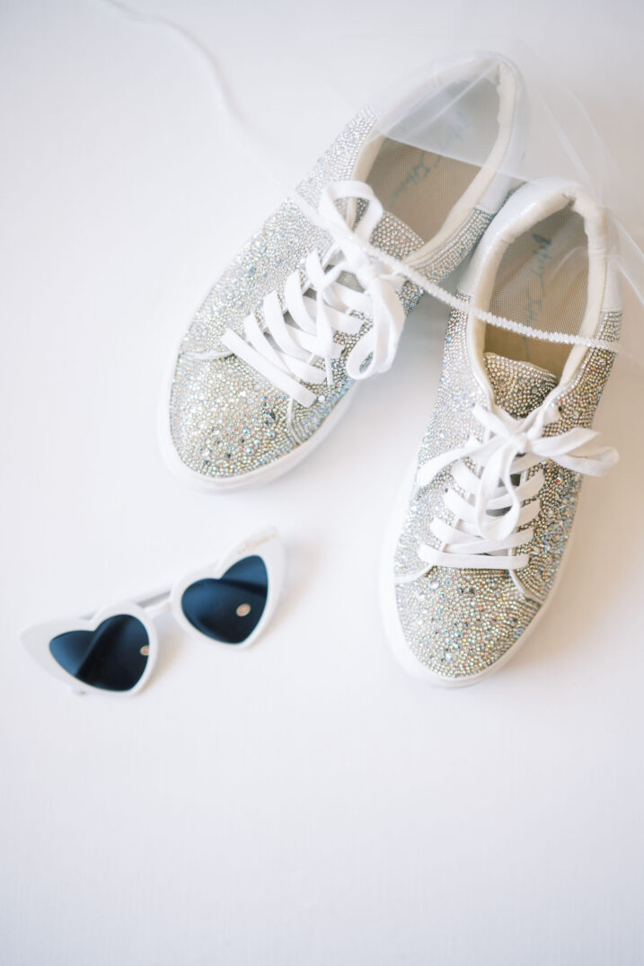 arrowhead hill wedding silver sparkly sneakers and white heart eye sunglasses