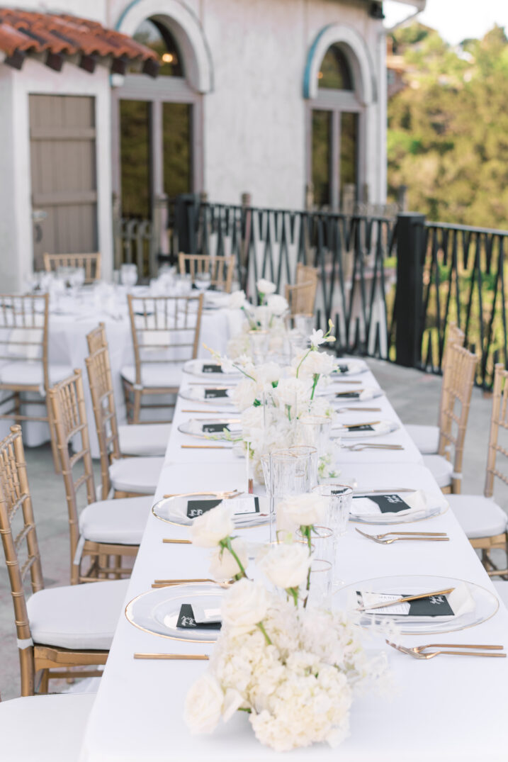 ceremony place setting details black and white Italian inspired wedding outside 