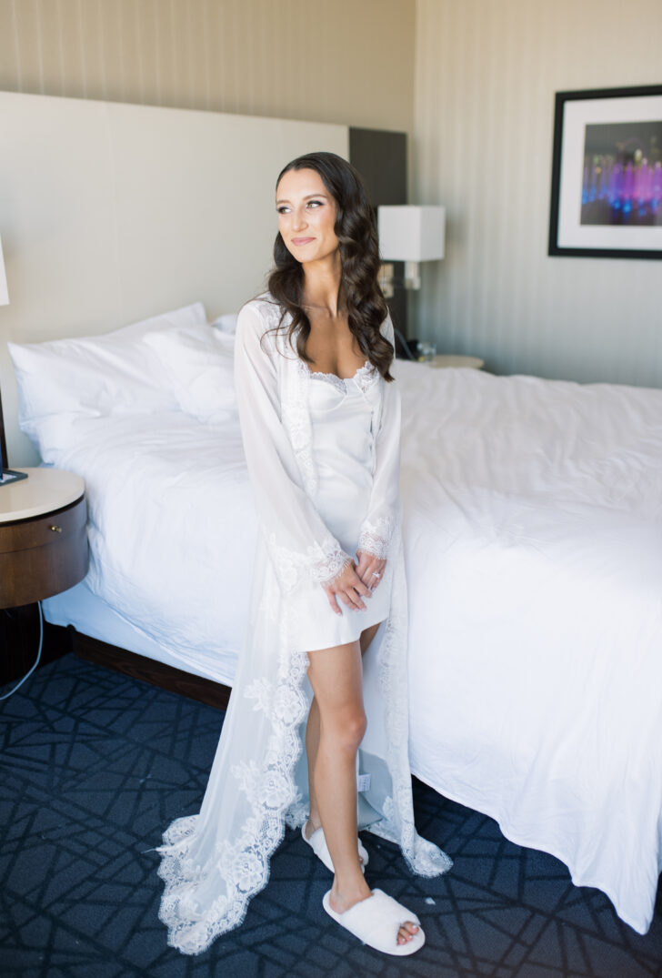 hotel bridal shot getting ready wedding pajamas