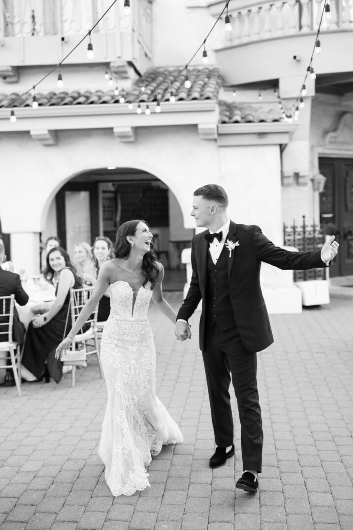 black and white photo Italian inspired wedding first dance laughing joyful