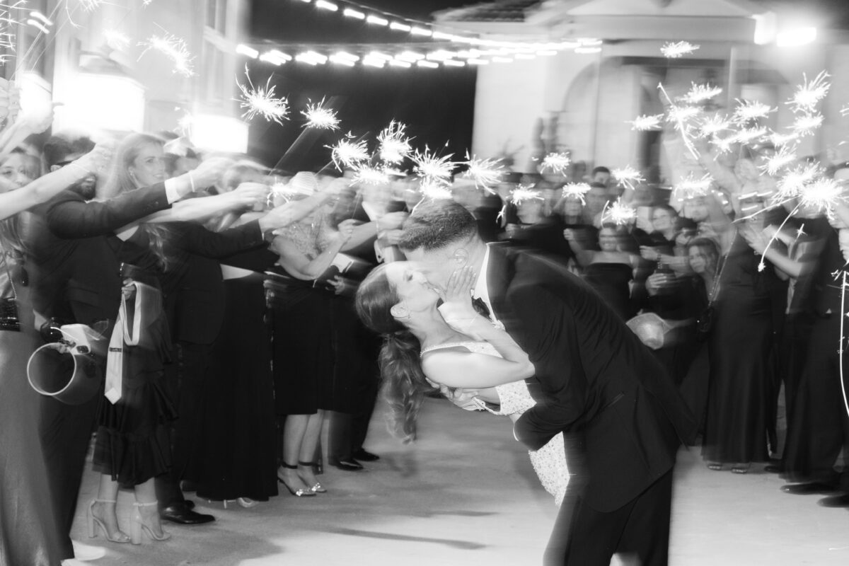 black and white photo fun sparkler exit Italian inspired wedding 