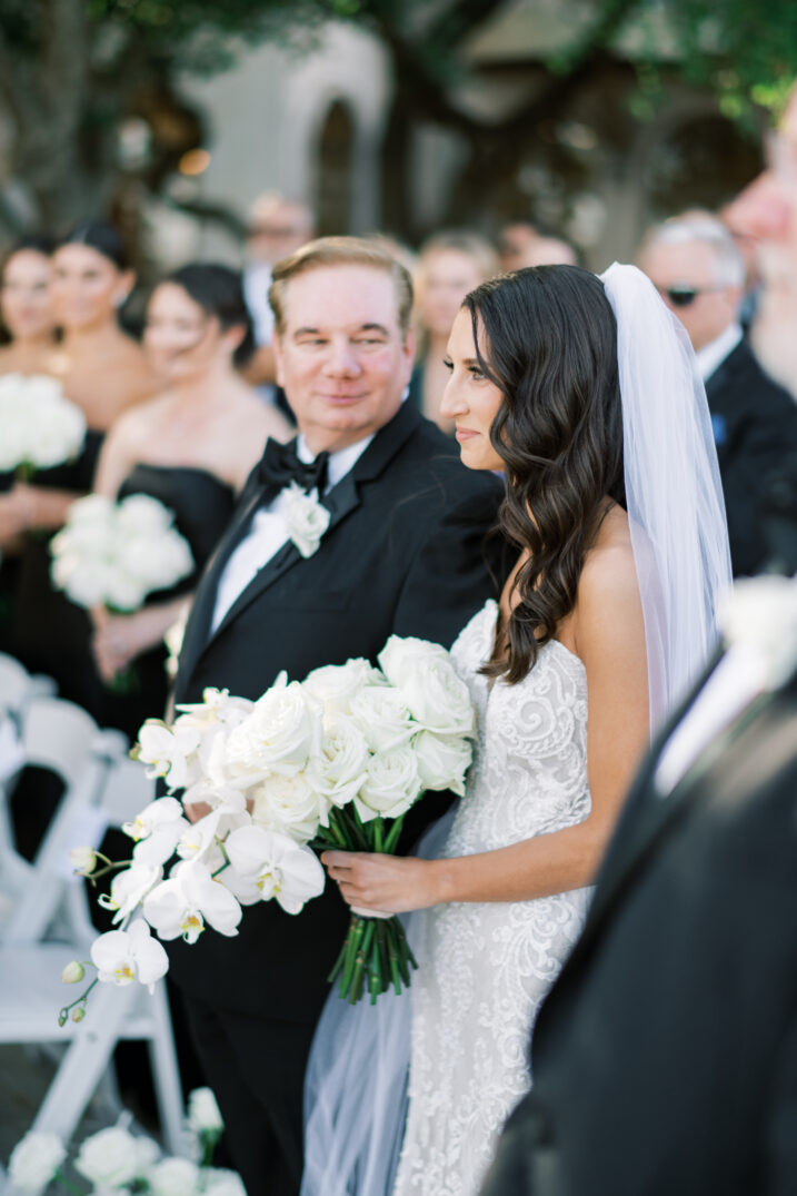 father of the bride look at bride black and white wedding Italian inspired 
