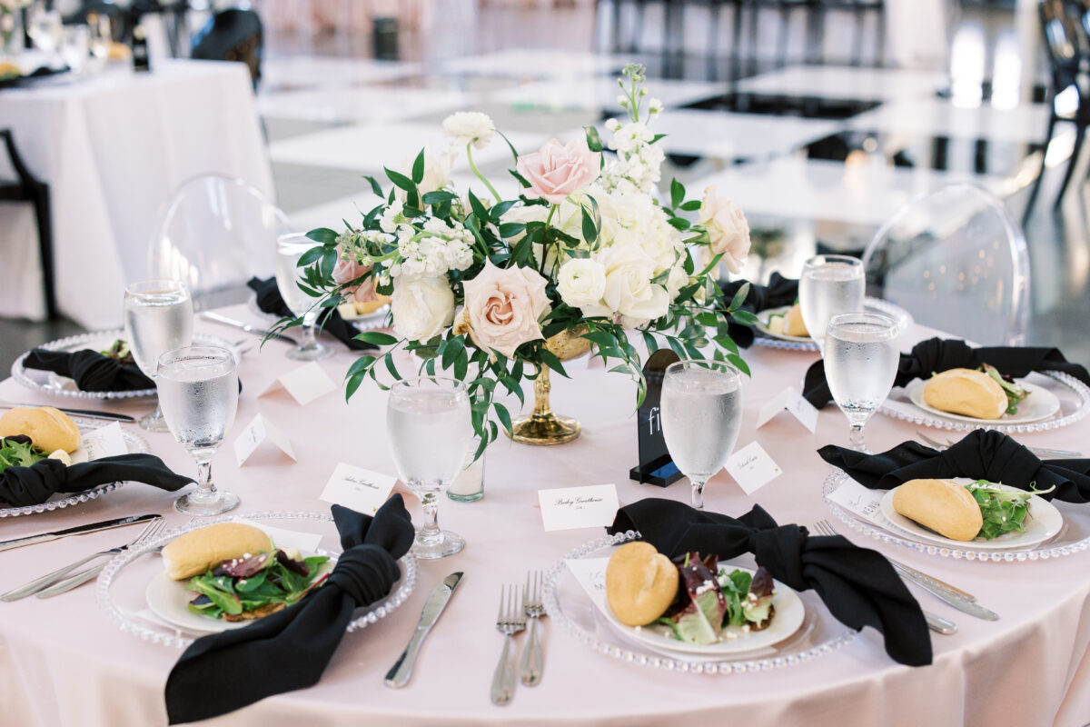black and white dance floor tablescape floral