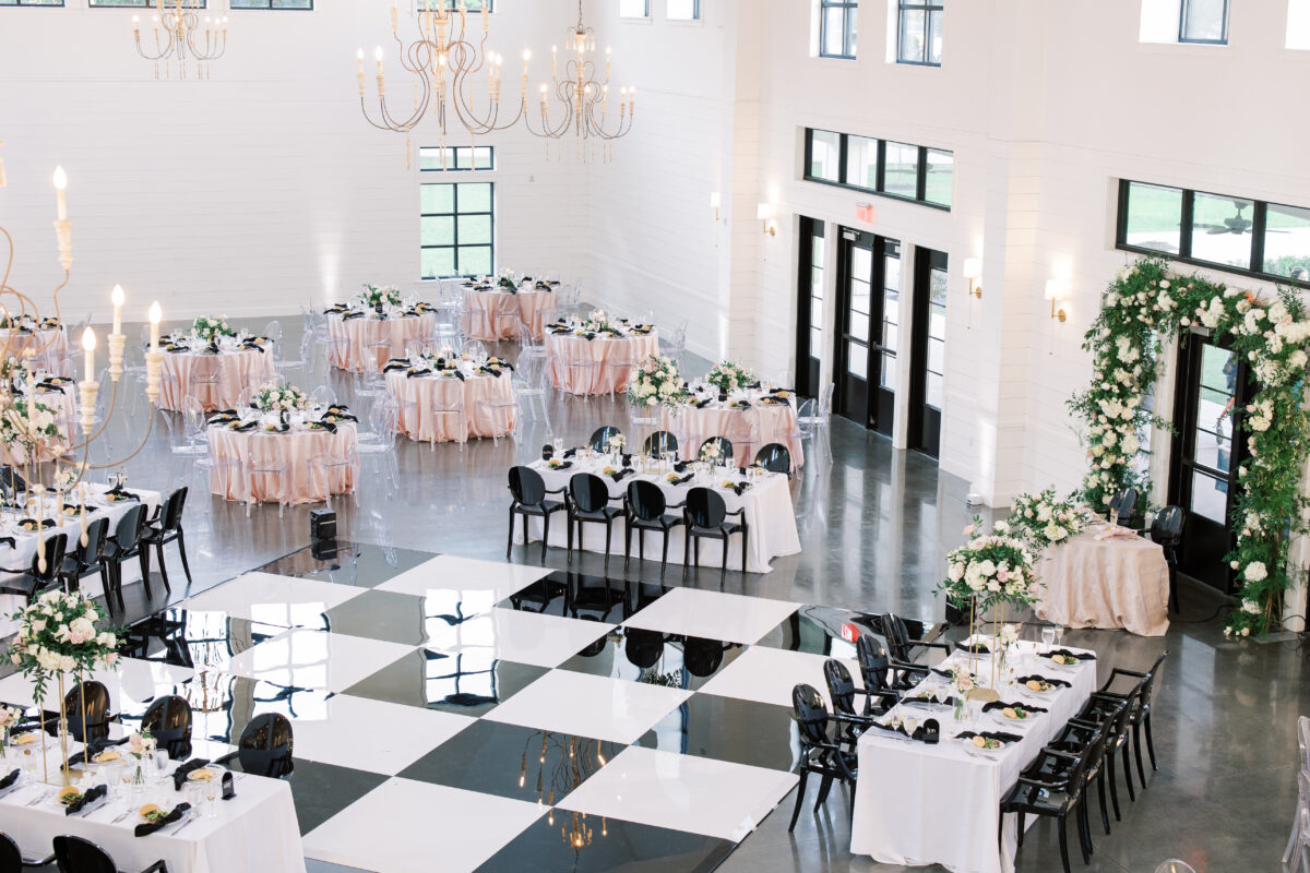 luxury wedding reception black white dance floor