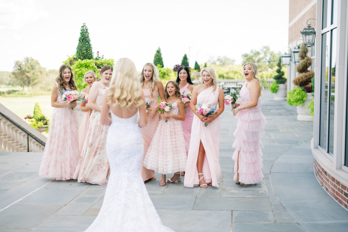 mismatched bridesmaids pink bridesmaid dresses friends

